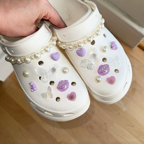 Butterfly Pearl Shoe Charms Set with Chains | Pretty Kawaii Girly Butterflies with Pearls and Pearl Straps for Shoes | Coquette Aesthetic