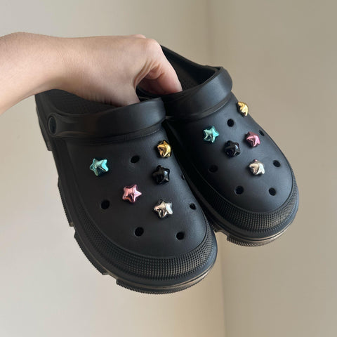 Metallic Stars Shoe Charms | Cute Gold, Silver, Blue, Pink, Black Chrome Shiny Metal Look Star Charm Set for Shoes