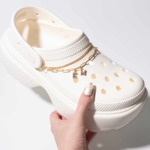 Customisable Letters on Double Strand Shoe Chains in Gold – Bling Font