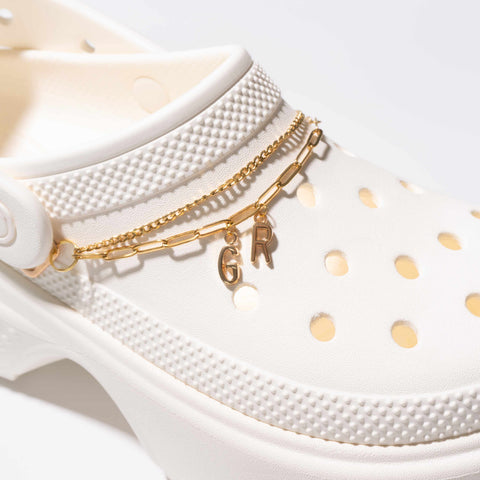 Customisable Letters on Double Strand Shoe Chains in Gold – Classic Font