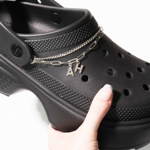 Customisable Letters on Double Strand Shoe Chains in Silver – Bling Font